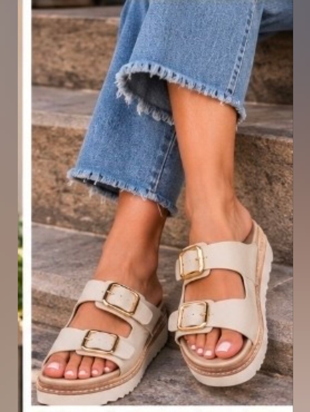 Chinese Laundry Cream Double Buckle Platform Slide Sandals Size 7.5